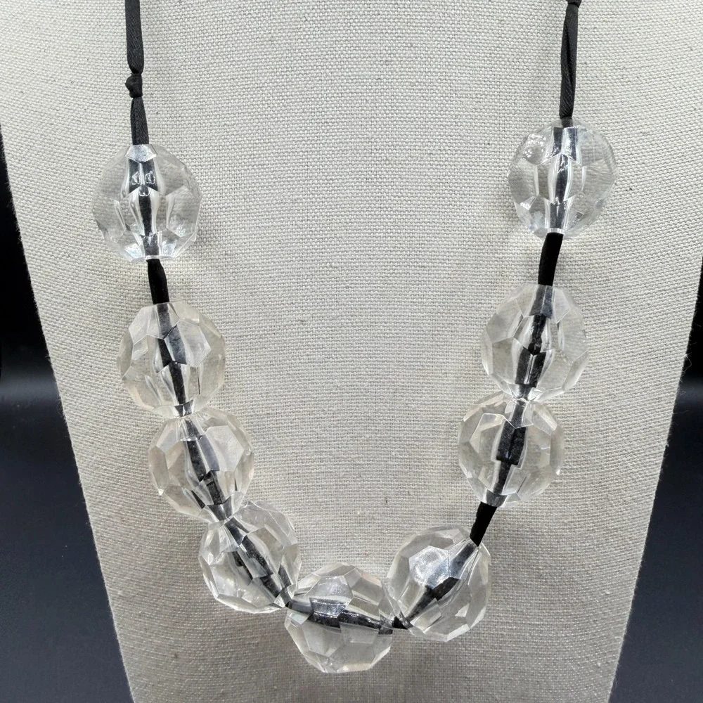 Clear Faceted Bead Necklace Black Ribbon Chunky Lucite Crystal Statement Jewelry